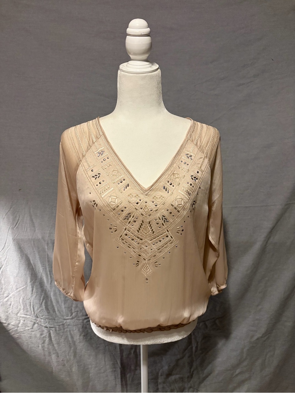 White House Black Market V-Neck Embroidered Peasant Blouse in Beige